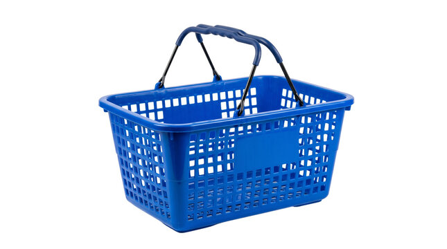 Empty blue plastic shopping basket featuring durable handles isolated on a clean white studio background area