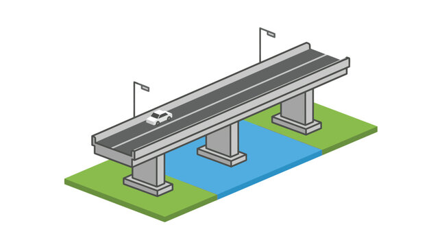 Isometric Bridge with Car and Streetlights.