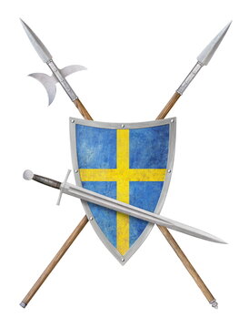 sword blue shield with yellow cross lance and poleaxe isolated on white