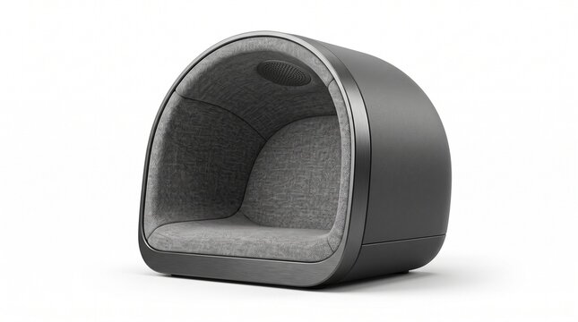 Futuristic acoustic privacy pod, modern office soundproof booth, ergonomic gray felt workspace furniture on white background