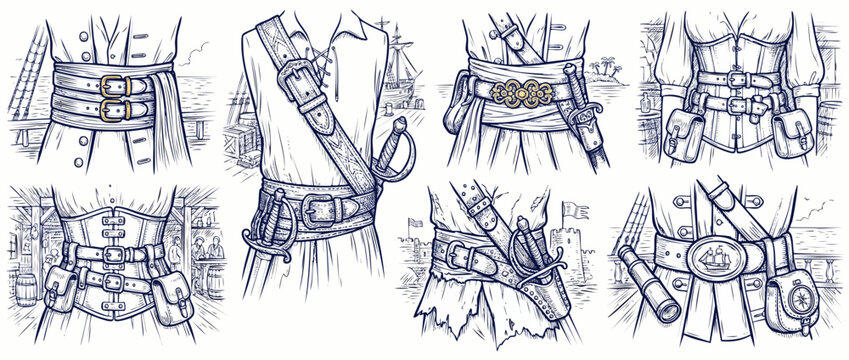 Pirate belt sketch drawing set of historical costume accessories including leather corsets sashes swords and buckles on nautical adventure backgrounds for vintage fantasy roleplay design concept style