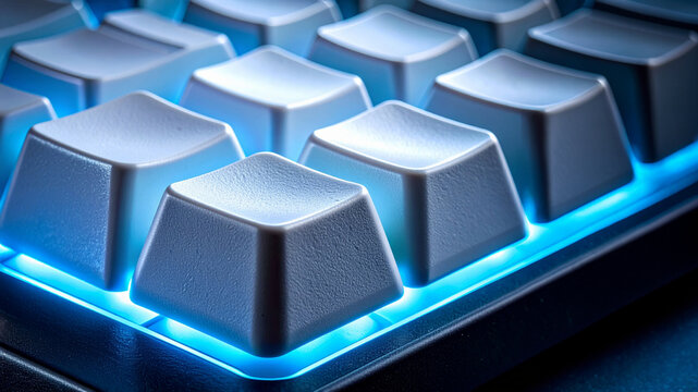Mechanical keyboard keys row featuring blue light illumination on device board. Peripheral hardware equipment for computer work, office typing, gaming, technology workspace, and internet connectivity.