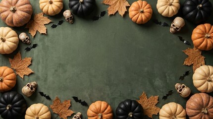 Obraz premium Halloween Flat Lay with Pumpkins Skulls and Bats on Green Background