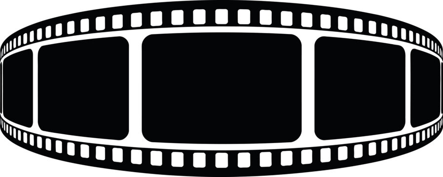 Isolated strip of 35mm motion picture film with empty frames arranged in a curved perspective format