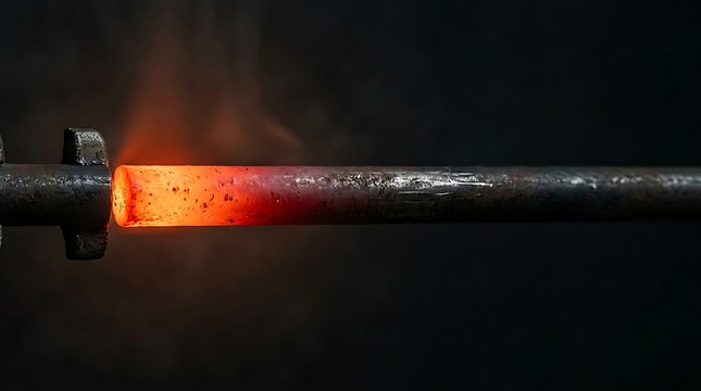 Industrial metal rod being heated to high temperatures during manufacturing process with hot metal