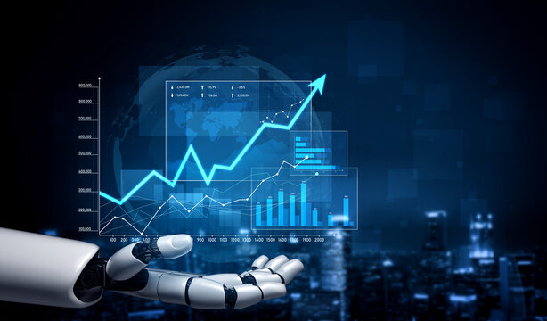 A futuristic robot hand showcases data visualizations and upward trends in a business environment, symbolizing innovation and growth in technology and analytics. Scalp