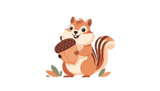 Cute little chipmunk squirrel sitting in the grass holding a large brown acorn with a cheerful smiling expression.