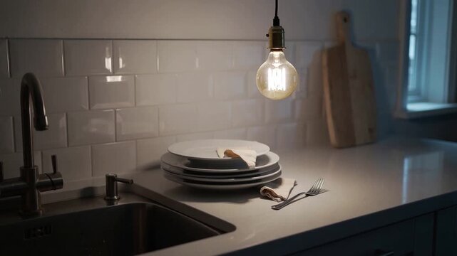 Pulsing pendant bulb, white plate stack napkin and fork reflecting warm light on kitchen counter