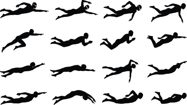 Professional Swimmer Silhouette Set Swimming Freestyle, Breaststroke, and Butterfly in Pool for Triathlon and Sports Vector