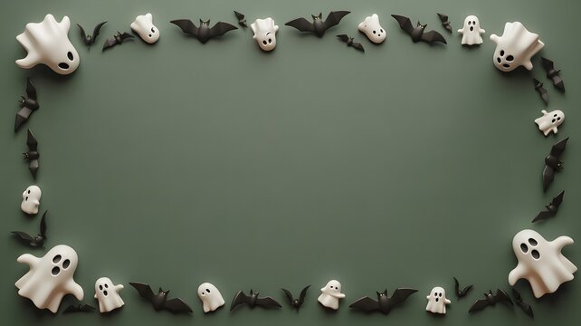 A festive halloween background featuring a rectangular frame made of tiny white ghost figures and black paper bats