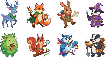 Obraz premium Fantasy Woodland Animal Characters Cartoon Vector Illustration Set