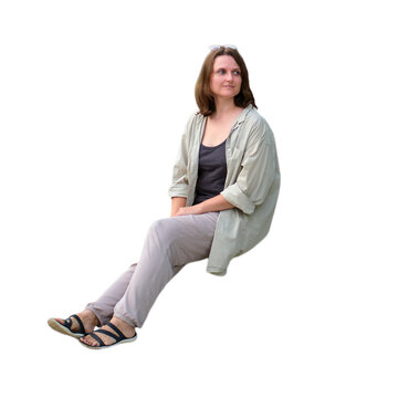 Woman sitting on invisible bench isolated on transparent background. woman resting in casual summer clothing. Concept of waiting, relaxation and leisure time lifestyle in everyday life.