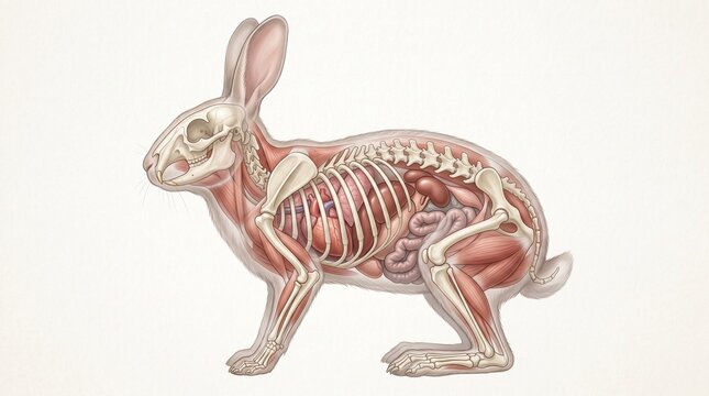 Anatomical illustration of a rabbit showing skeleton, muscles, and internal organs in detail