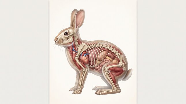 Detailed anatomical illustration of a rabbit showing its skeleton, muscular system, and internal organs on a white background.