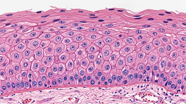 Microscopic view of stratified squamous epithelium tissue with H&E staining, showing layers of cells and nuclei for medical and scientific study