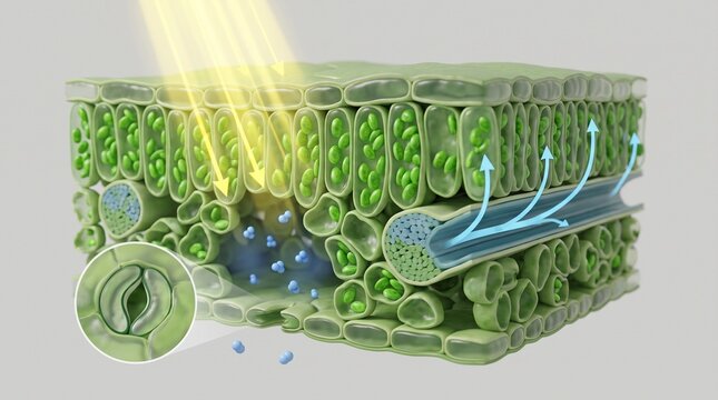 Cross-section of a leaf showing the process of photosynthesis with chloroplasts, sunlight, and gas exchange through the stomata