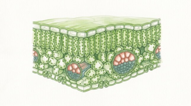 Cross-section anatomy of a plant leaf showing internal cell structures, mesophyll layers, and vascular bundles in a detailed botanical illustration