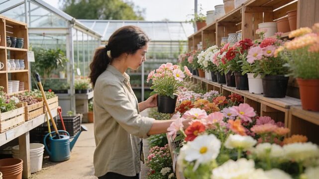Lifting black pot, woman in light shirt inspecting blooms and arranging pots on nursery shelf