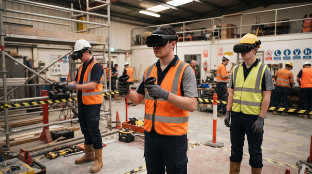 Construction workers using VR headsets for training in a workshop