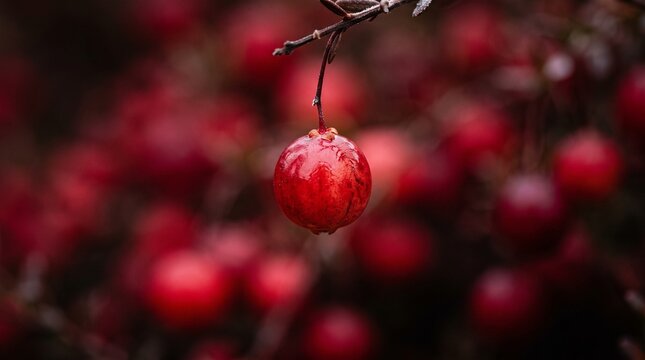 Vibrant red berry with subtle frost clinging to its surface, hanging delicately from a dark, blurry branch in winter.