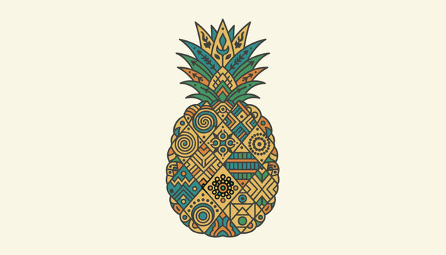 Ornate tropical pineapple illustrated with warm-colored tribal patterns and geometric motifs on a pale yellow background.