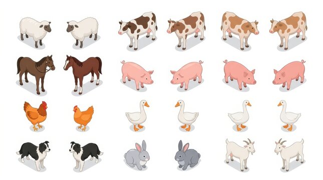 Isometric Farm Animals Vector Set with Cows, Horses, Pigs, Sheep, Chickens, Geese, Dogs, Rabbits, and Goats for Agriculture