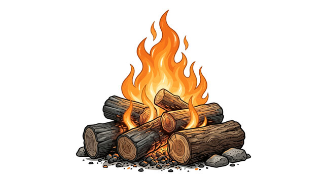 Vector illustration of a small glowing campfire featuring stacked wooden logs burning with bright orange flames isolated on white background