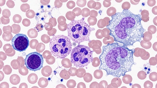 Microscopic view of a human blood smear showing red blood cells and various white blood cells including neutrophils, lymphocytes, and monocytes.