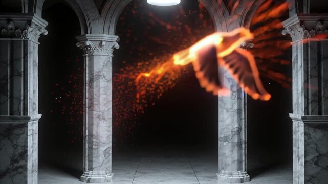 Rising ember bird lifting as pedestal emits embers, flying through marble hall toward dark recess