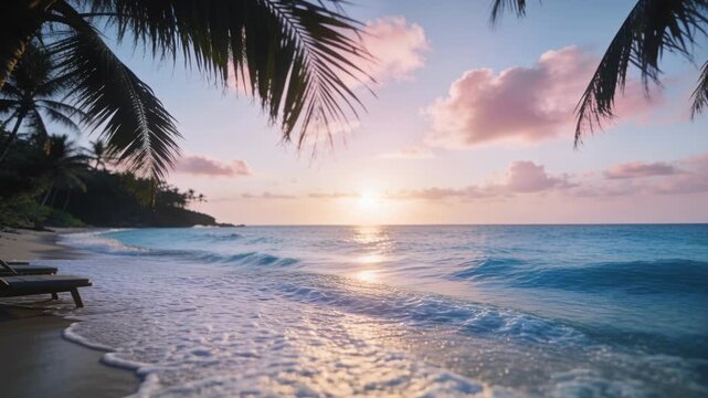 Curling wave breaking on sandy beach at sunrise after incoming swell, palm fronds and lounge chairs