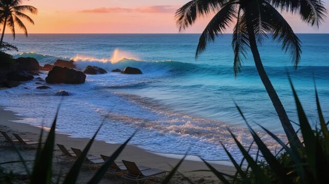 Rising blue wave curling, breaking at beach, driven by swell, sending foam onto lounge chairs