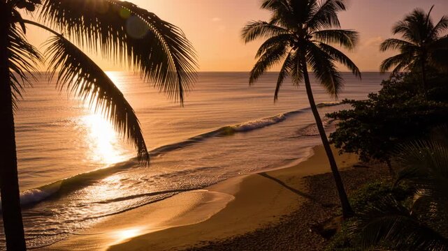 Low sun casting reflection, swell nearing horizon creating foam along sandy shore, palms swaying