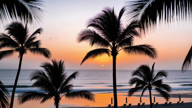 Swaying center palms greeting rising sun on resort beach, casting wet sand, lounge chairs