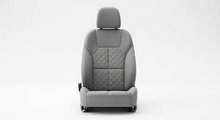 Obraz premium Modern gray leather automotive seat featuring quilted stitch patterns and adjustable headrest isolated against a clean simple white studio background