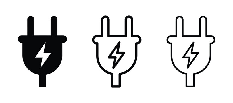 Set of three black power plug icons with lightning bolt symbol in different styles
