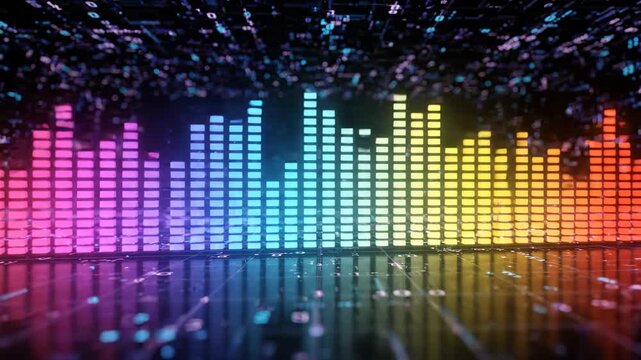 Neon Audio Spectrum Equalizer Visualization with Colorful Glowing Bar Reflection, Futuristic Digital Tunnel Energy and Music Atmosphere