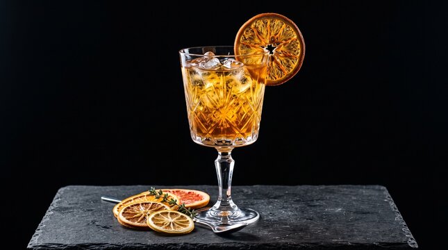 Refreshing amber cocktail garnished with dried orange slice and thyme served in crystal glass on slate stone surface for premium bar menu or beverage commercial.