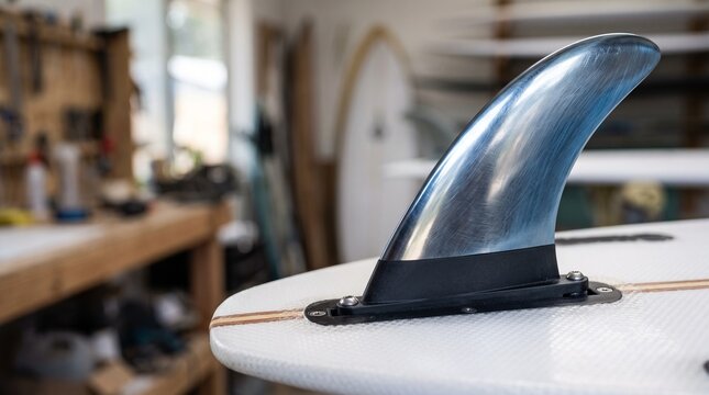 Surfboard Fin Detail: Close-up of a sleek surfboard fin, highlighting the craftsmanship and design of this essential piece of surfing equipment, set against the backdrop of a workshop.