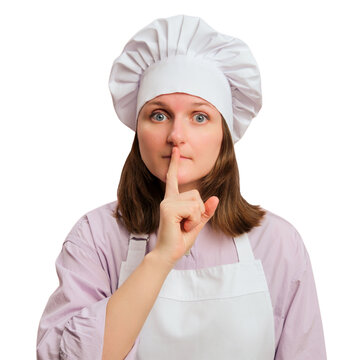 Woman chef holding finger to lips in silence gesture. Female cook in uniform showing hush sign isolated on transparent background. Culinary secret, recipe concept and restaurant mystery idea.