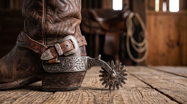 Cowboy boot and spur on wooden floor