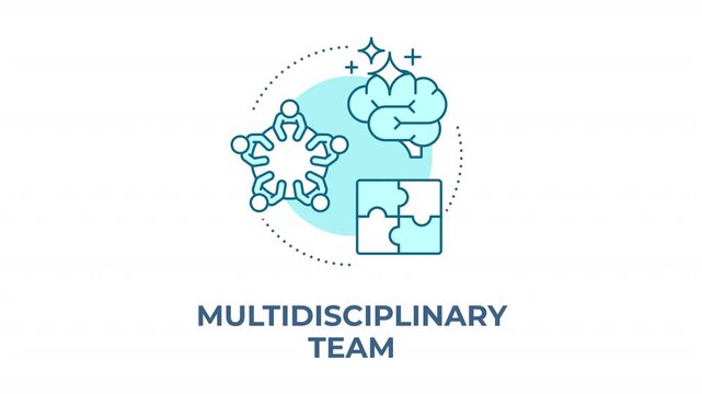 Multidisciplinary team blue concept icon animation. Workplace collaboration and problem solving. Strategic project synergy. Cyan circular animated abstract idea. HD video with alpha channel