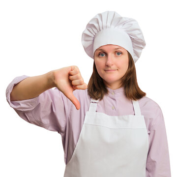 Woman chef showing thumb down gesture. Disappointed cook with unhappy facial expression. Culinary professional criticizing food quality. Kitchen staff feedback, service evaluation concept.