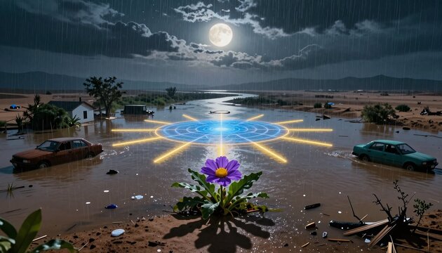 Surreal Flooded Landscape with Glowing Symbol Under Full Moon Rain