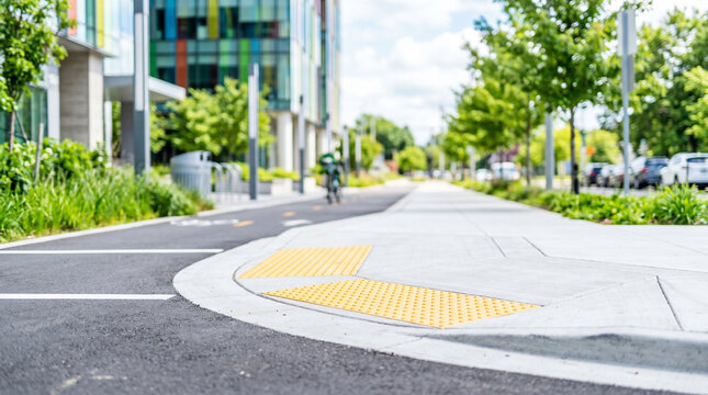Curb cut ramp accessibility slope in an urban environment on a sunny day  
