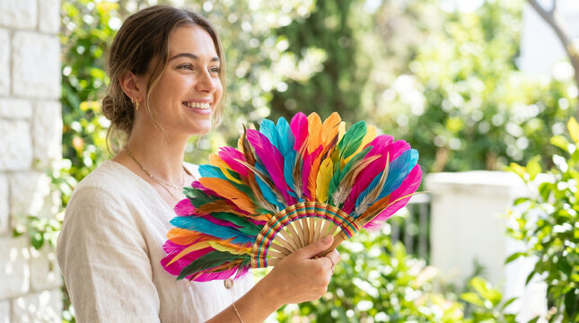 Young woman smiling and holding a feather fan decoration hand held  