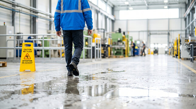 Worker walking on slippery wet surface in a factory with caution sign  