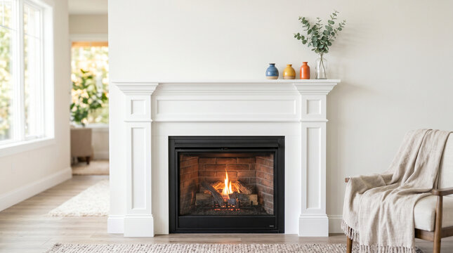 Fireplace trim molding painted white in a cozy living room  