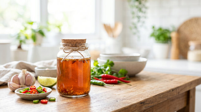 Fermented fish sauce in jar with fresh ingredients on wooden table  