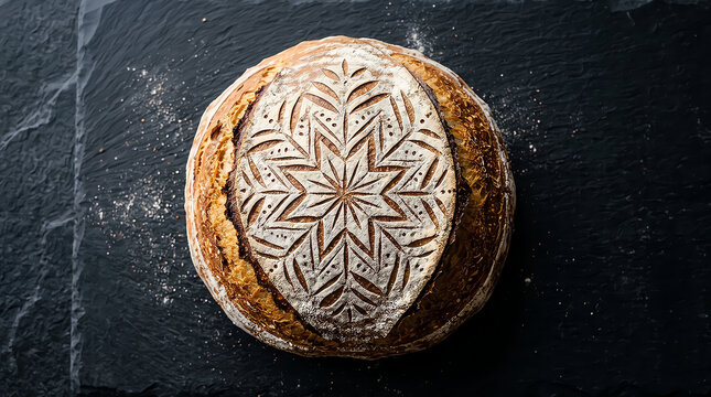 Freshly baked sourdough bread with a star pattern design on a dark rustic table