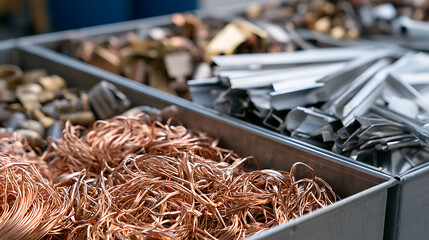 Naklejka premium Industrial metal scrap sorted in storage bins inside a recycling facility, featuring copper wire and aluminum profiles for sustainable use